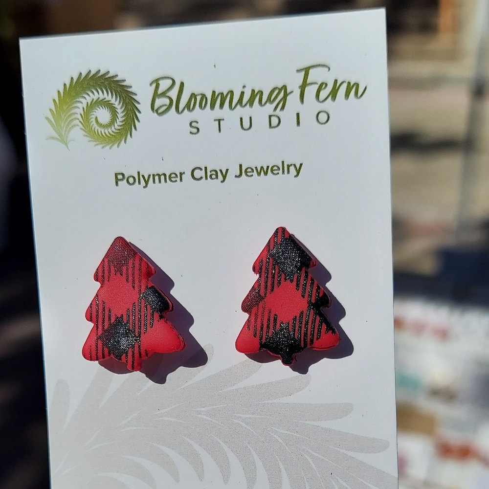 Plaid Christmas tree Clay Earrings